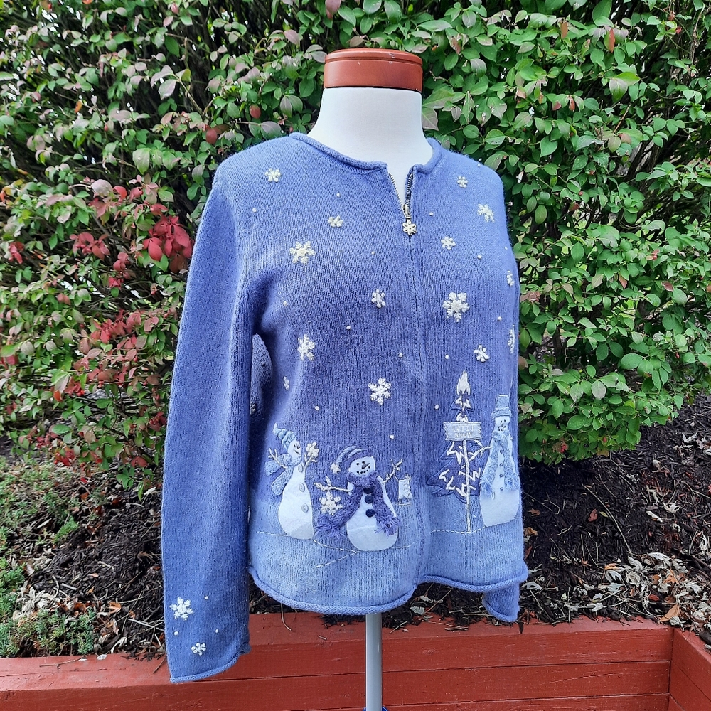 Snowman Ugly Christmas Sweater Beaded Patches Zip Cardigan Holiday Petite